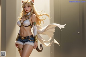 A woman in a bikini with a cat ears on her head.