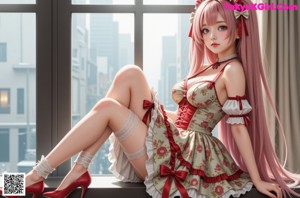 A woman in a pink and white dress sitting on a white couch.