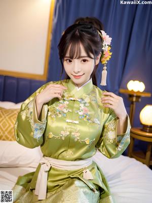 A woman in a blue robe sitting on a bed.