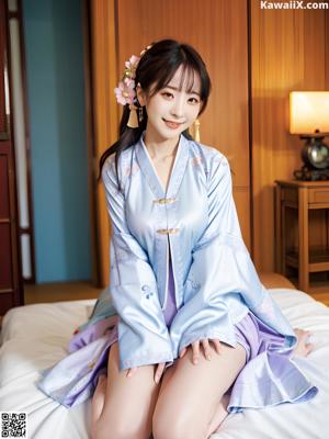A woman in a purple kimono sitting on a bed.
