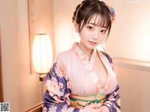 A woman in a kimono standing in front of a window.