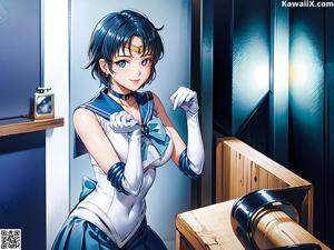 A woman in a blue and white outfit standing in a room.
