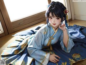 A woman in a yellow and white kimono is posing for a picture.