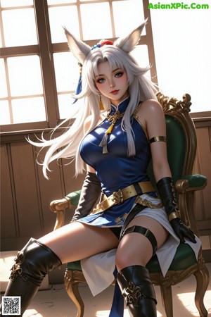 A woman in a blue dress holding a sword.