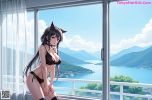 A naked anime girl sitting on top of a table.