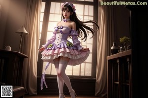 a woman in a pink dress and white stockings posing for a picture