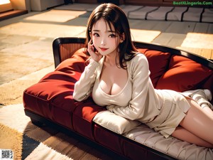 A woman in a white bikini sitting on a bed.