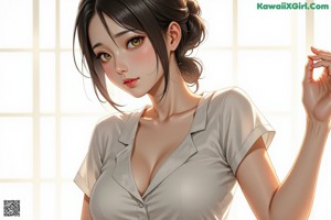 A woman in a white dress sitting on a chair.