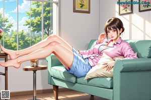 A woman sitting on top of a bed next to a plant.
