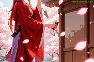 A woman in traditional attire holds a sword, standing under cherry blossoms.