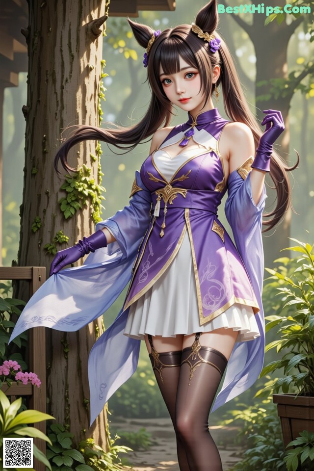 Hentai - Sovereign of Lightning in Exquisite Garb Set.2 20250126 Part 11 No.b0de82 A woman in a purple and white dress standing next to a tree.