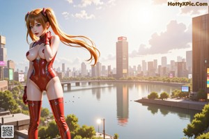 A woman in a red latex outfit standing on a balcony.