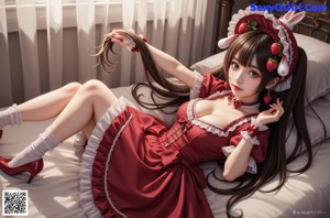 A woman in a red and white dress with a bunny hat.