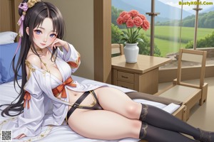 A woman in a chinese costume sitting on a bed.