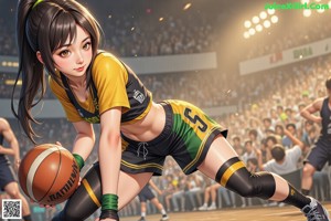 A girl in a blue and white uniform holding a basketball.