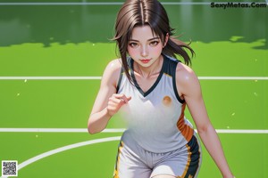 A woman in a blue and white uniform playing basketball on a court.