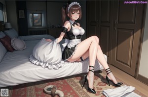 A woman in a maid outfit and stockings is standing on a bed.
