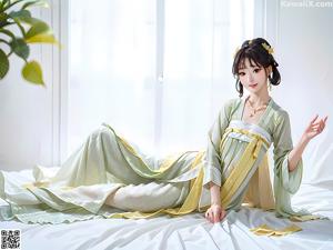A woman in a blue and pink dress sitting on a bed.