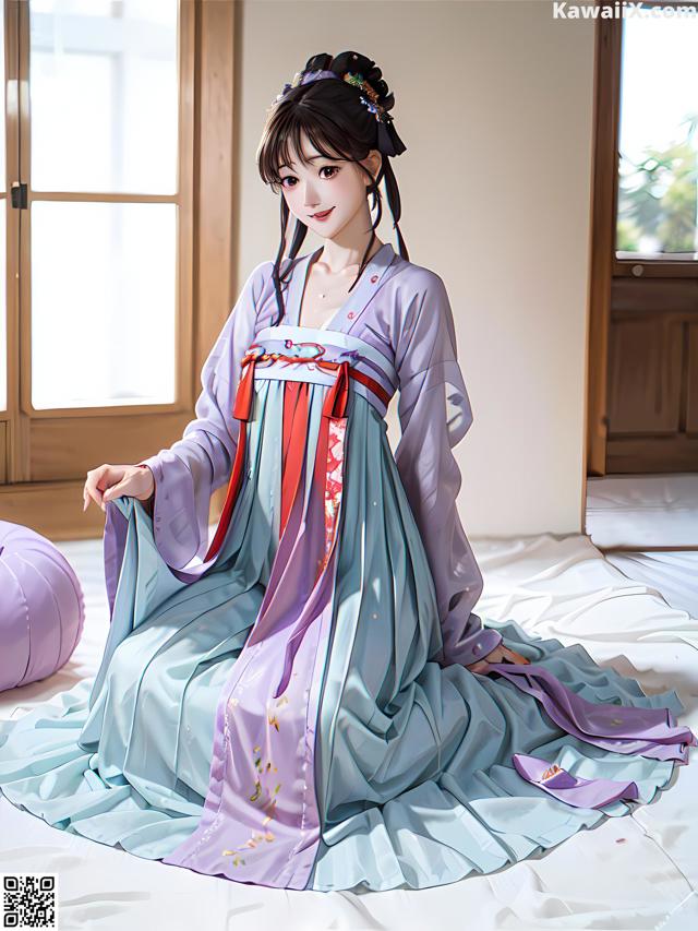 A woman in a blue and purple dress sitting on a bed.