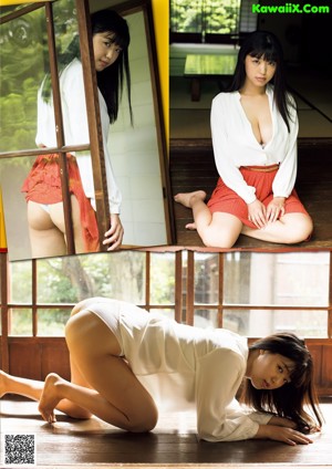 A woman in a white top and purple panties sitting on a bench.