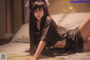 A woman is sitting on a bed with her legs crossed.