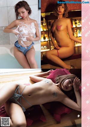 A woman in a pink bikini and black stockings posing on a bed.