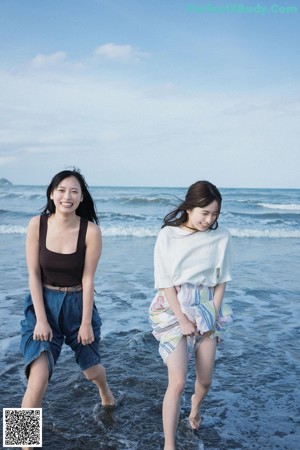 A collage of photos of two young women on the beach.
