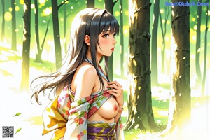 A woman in a kimono is standing in the woods.