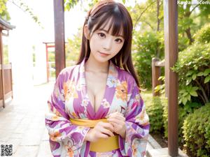 A woman in a blue kimono posing for the camera.