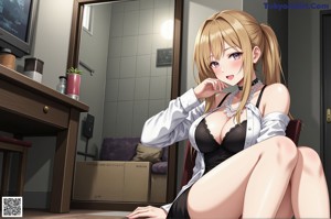 Anime girl with big tits posing naked in a white shirt.