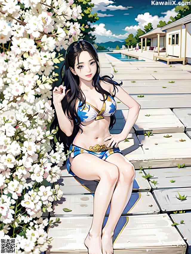 A woman in a bikini sitting on a wooden dock.