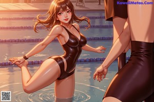 A woman in a pink bathing suit sitting next to a swimming pool.