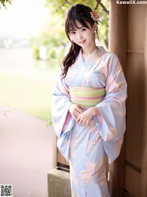 A woman in a blue kimono is posing for the camera.