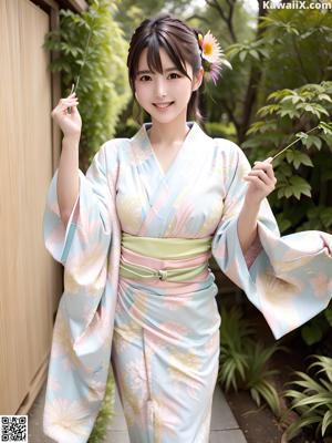 A woman in a pink kimono posing for a picture.