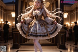 A woman in a dress standing in a field of flowers.