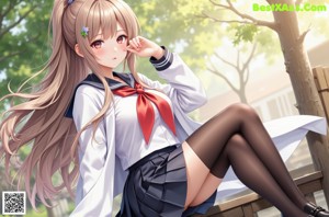 A woman in a school uniform leaning against a window.