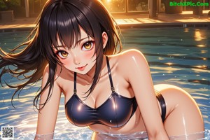 A woman in a black bathing suit standing in a pool.