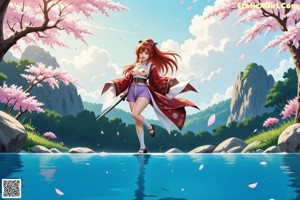 A woman in traditional attire holds a sword amidst cherry blossoms and clouds.