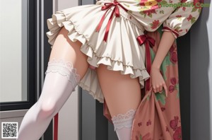 A woman in a dress and stockings standing in front of a door.