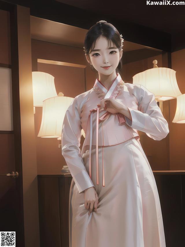 A woman in a white dress standing in a room.