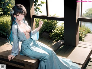 A woman sitting on top of a bed in a room.