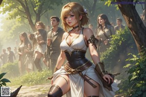 A woman in armor walking through a forest holding a sword.