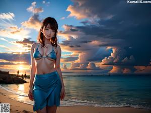 A woman in a pink bathing suit standing in the water.