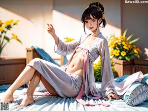 A woman in a white kimono standing in a park.