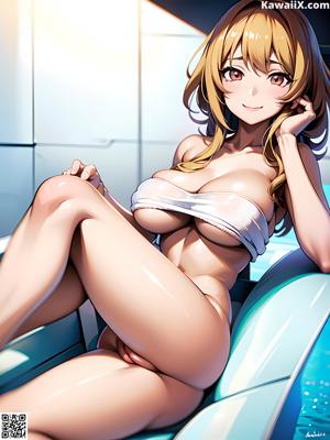 A naked anime girl sitting on a wooden deck.